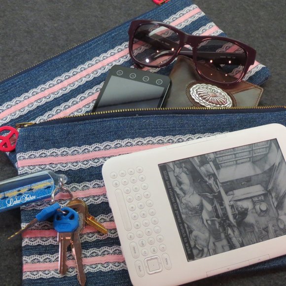 Set of 2 Lace on Denim Zippered Makeup Bag Clutch Purse NEW with Tags - Picture 5 of 6